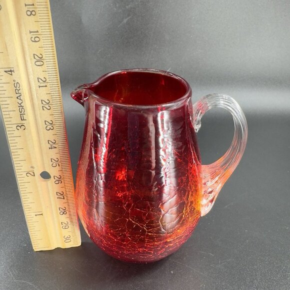 1960s Crackle Glass Small Pitcher Creamer Amberina UV Glowing Glass Clear Handle - Picture 3 of 13